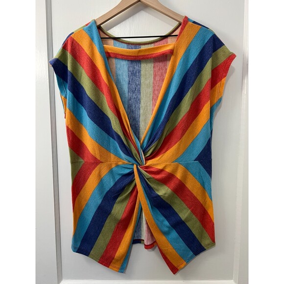 White Birch Women's Vibrant Colorful Stripe Open Back Top Size M - Picture 2 of 6